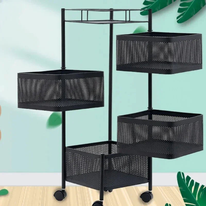 Black metal mesh rotating storage cart with four square baskets on caster wheels