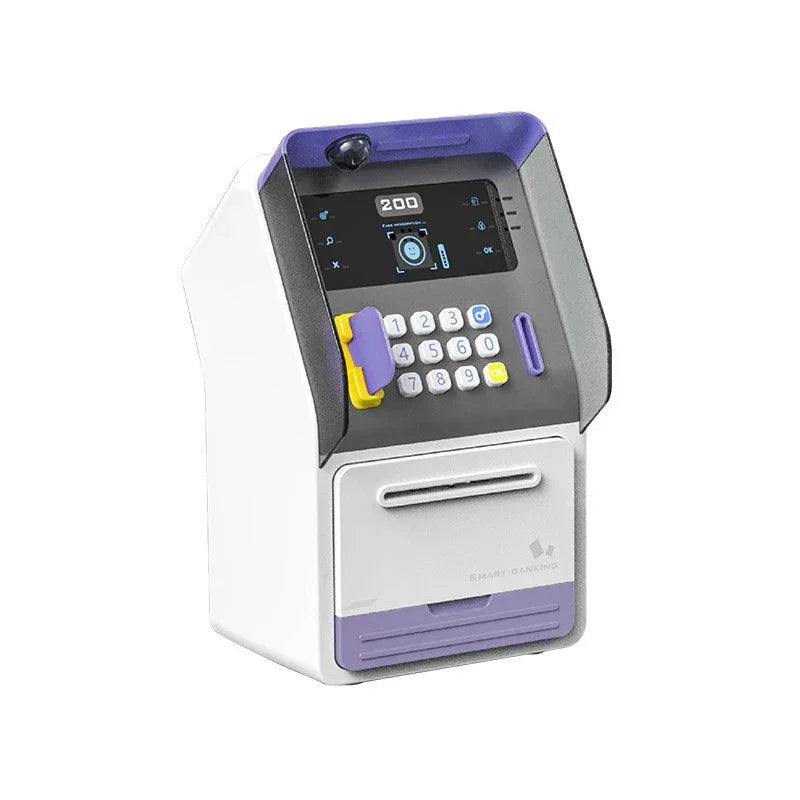 Compact white and purple smart banking ATM toy with numeric keypad and digital display