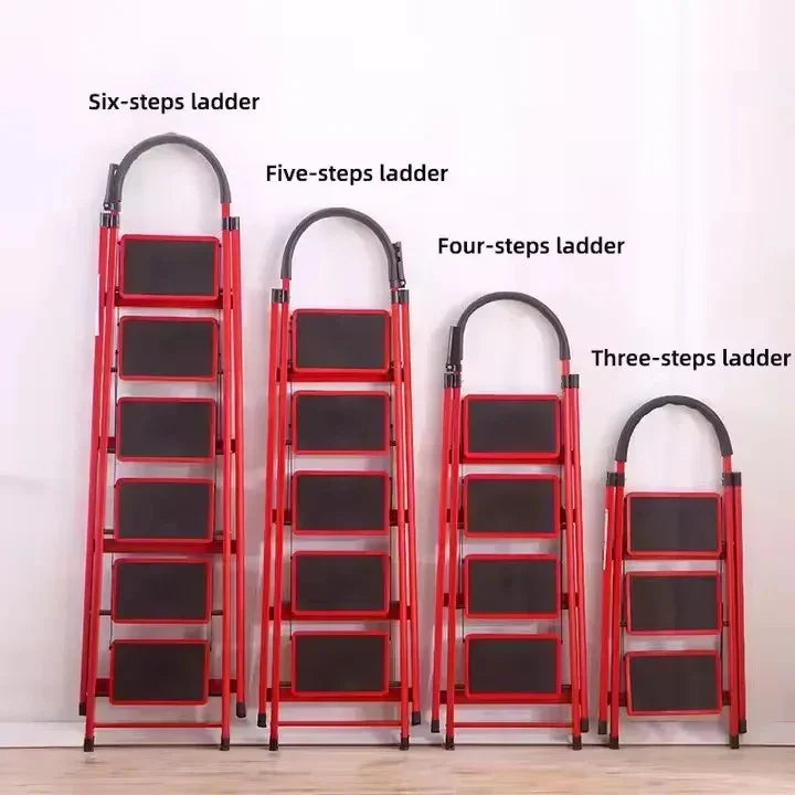 Four red folding step ladders with black steps labeled three, four, five, and six steps against a white wall