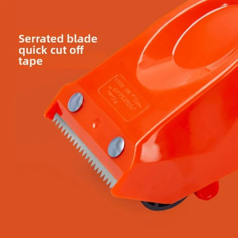 Orange tape dispenser with serrated blade for quick cut off on an orange background