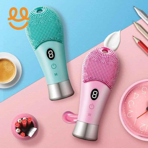 Pink and blue silicone facial cleansing brushes with digital displays on a split blue and pink background