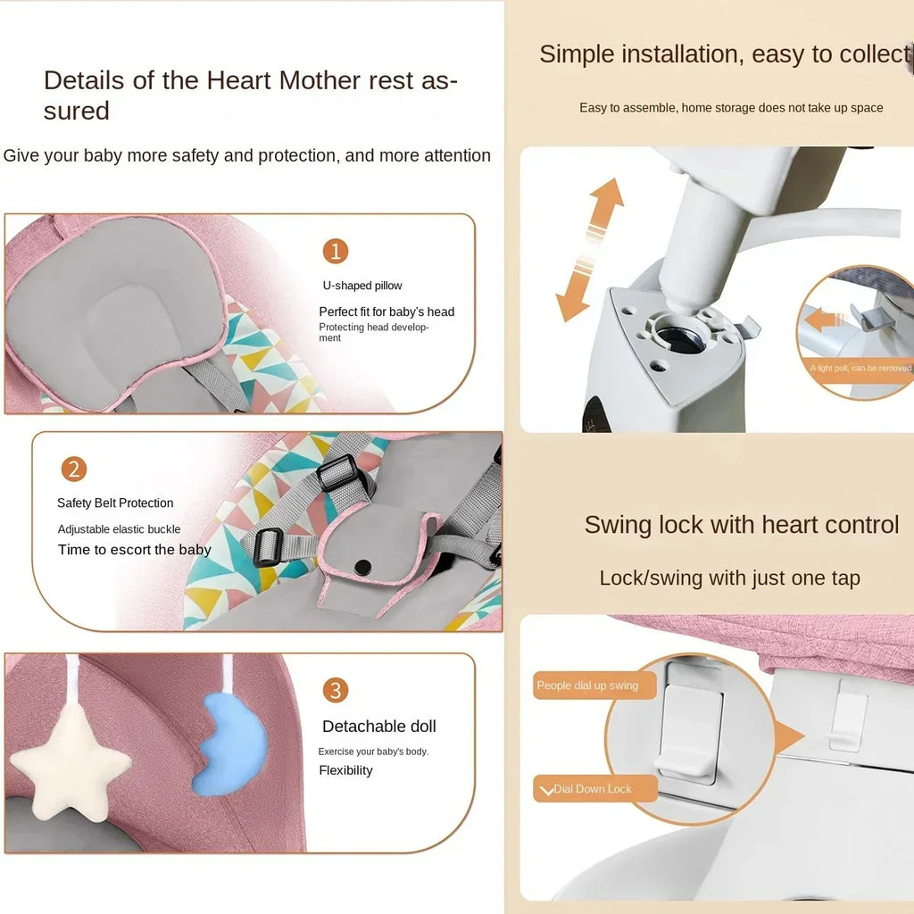 Baby swing details showing U-shaped pillow, adjustable safety belt, detachable toys, and swing lock controls