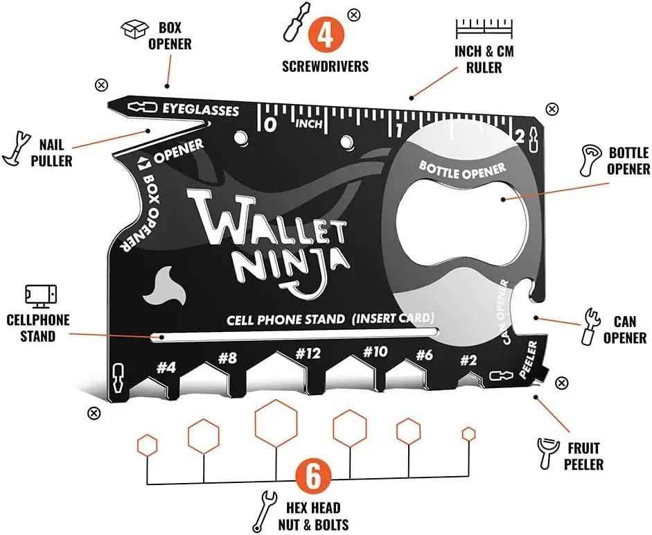 Wallet Ninja multi-tool with box opener, screwdrivers, ruler, cell phone stand, bottle and can openers