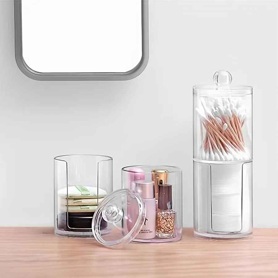 Transparent Stackable Acrylic Cotton Pad Holder, 2 In 1 Cotton Pad Storage, Upper and lower combined storage box