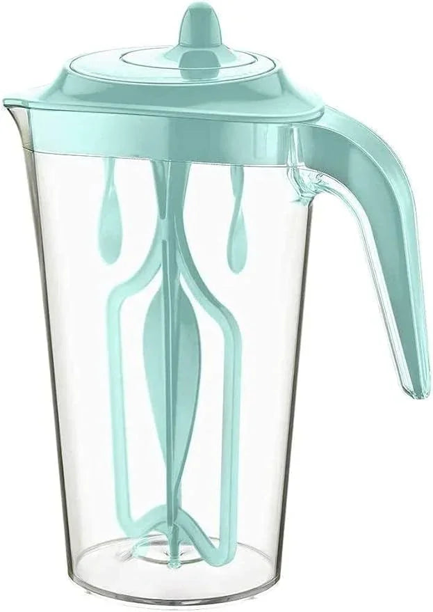 Clear plastic pitcher with teal lid, handle, and built-in citrus juicer inside