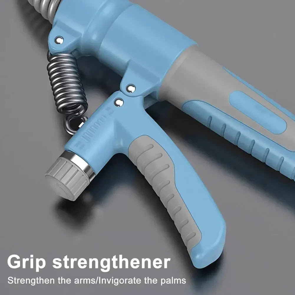 Blue and gray grip strengthener with spring, designed to strengthen arms and invigorate palms