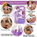 6-in-1 Derma roller kit with purple storage case, designed for glowing, smooth, rejuvenated skin, and reducing fine lines