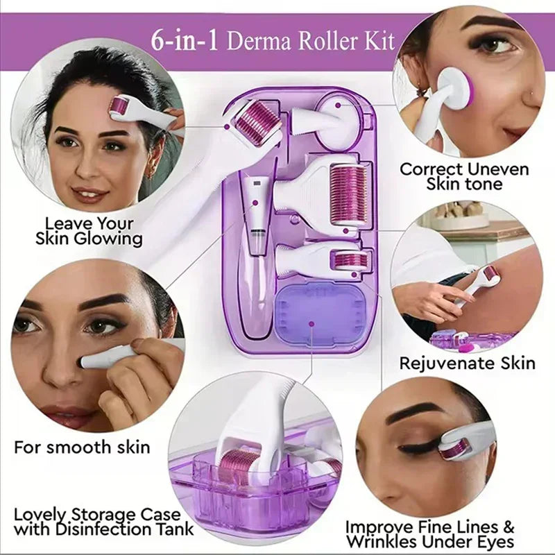 6-in-1 Derma roller kit with purple storage case, designed for glowing, smooth, rejuvenated skin, and reducing fine lines