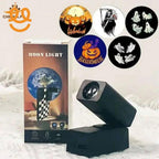Black Moon Light projector with Halloween-themed interchangeable slides including pumpkins, ghosts, and grim reaper