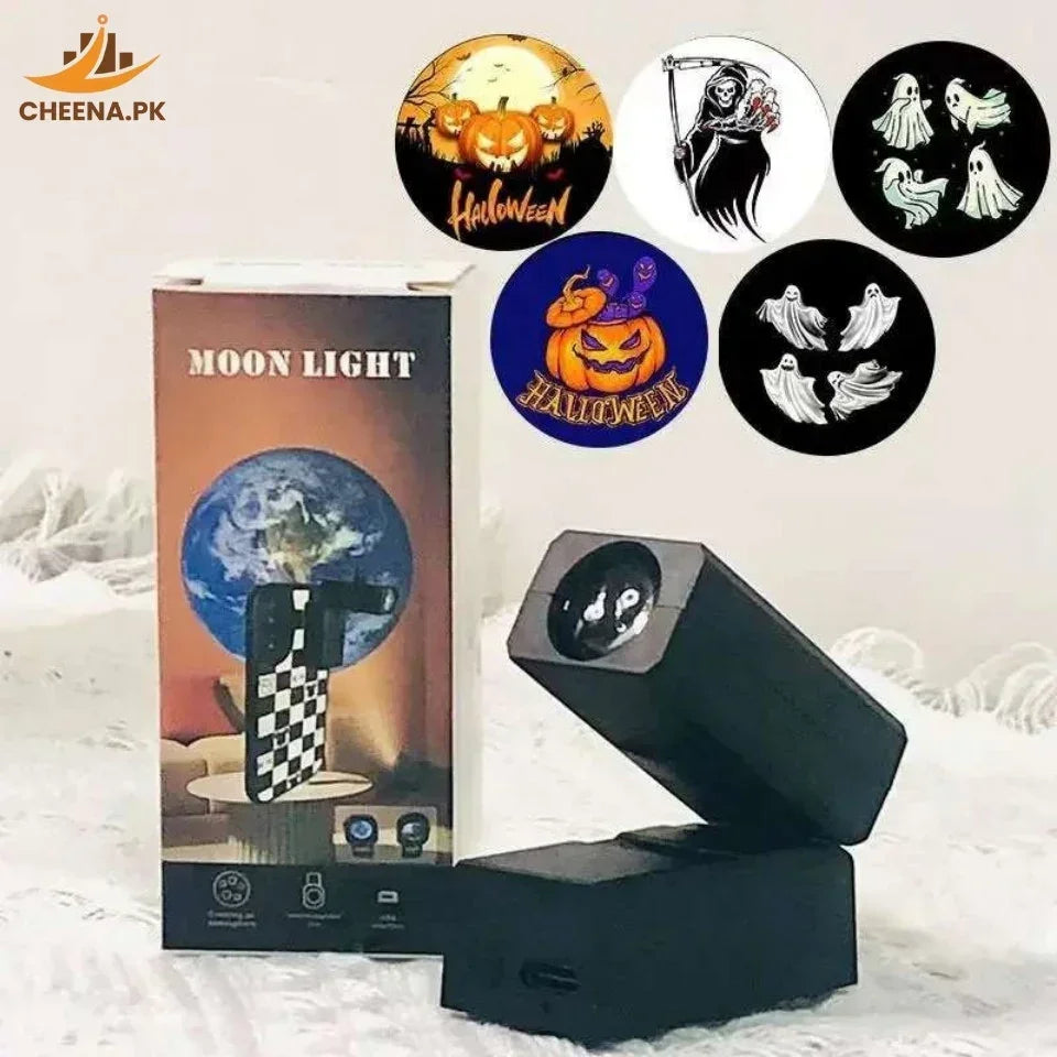 Black Moon Light projector with Halloween-themed interchangeable slides including pumpkins, ghosts, and grim reaper