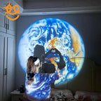 Woman forming heart hands in front of Earth projection on bedroom wall in dim room