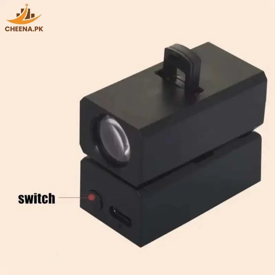 Compact black flashlight with top handle, front lens, and side switch with charging port