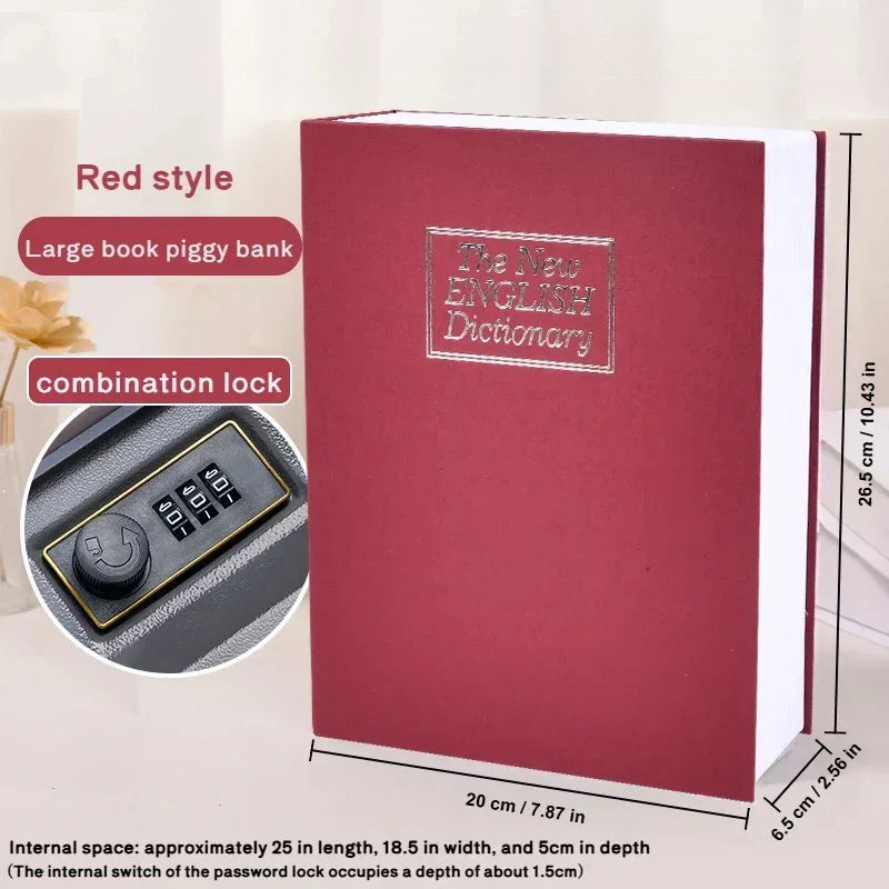 Large red book piggy bank with combination lock, styled as The New English Dictionary, measuring 26.5x20x6.5 cm