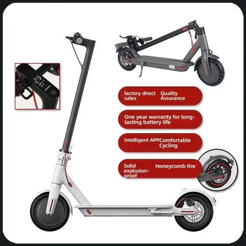 Foldable electric scooter with digital display, honeycomb solid tires, and red accents, warranty and app features