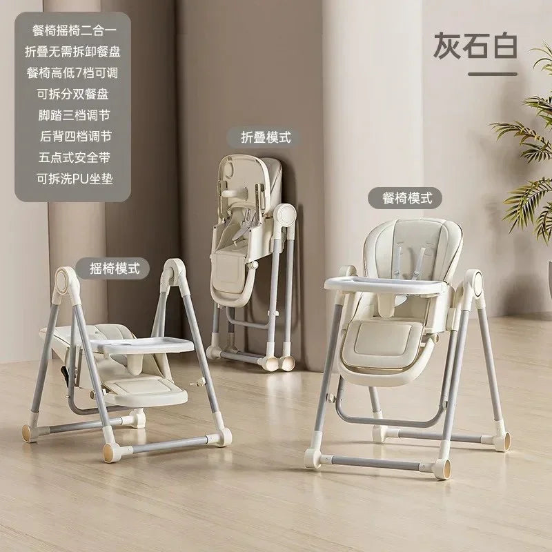 Beige multifunctional baby high chairs in swing, folded, and dining modes in a bright room with wooden floor