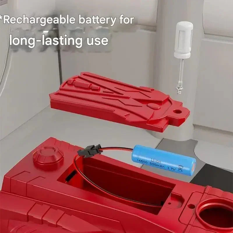 Red device with open battery compartment showing blue rechargeable lithium-ion 14500 battery and charging port in modern kitchen