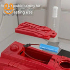 Red device with open battery compartment showing blue rechargeable lithium-ion 14500 battery and charging port in modern kitchen