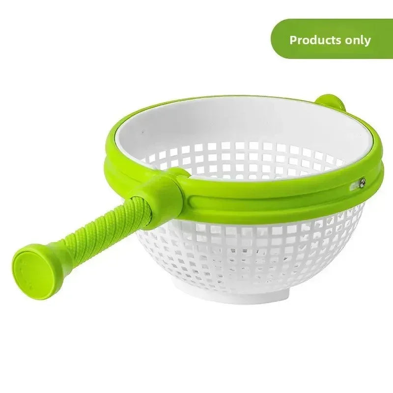 White and green plastic basket with perforated bottom and green handle, kitchen strainer