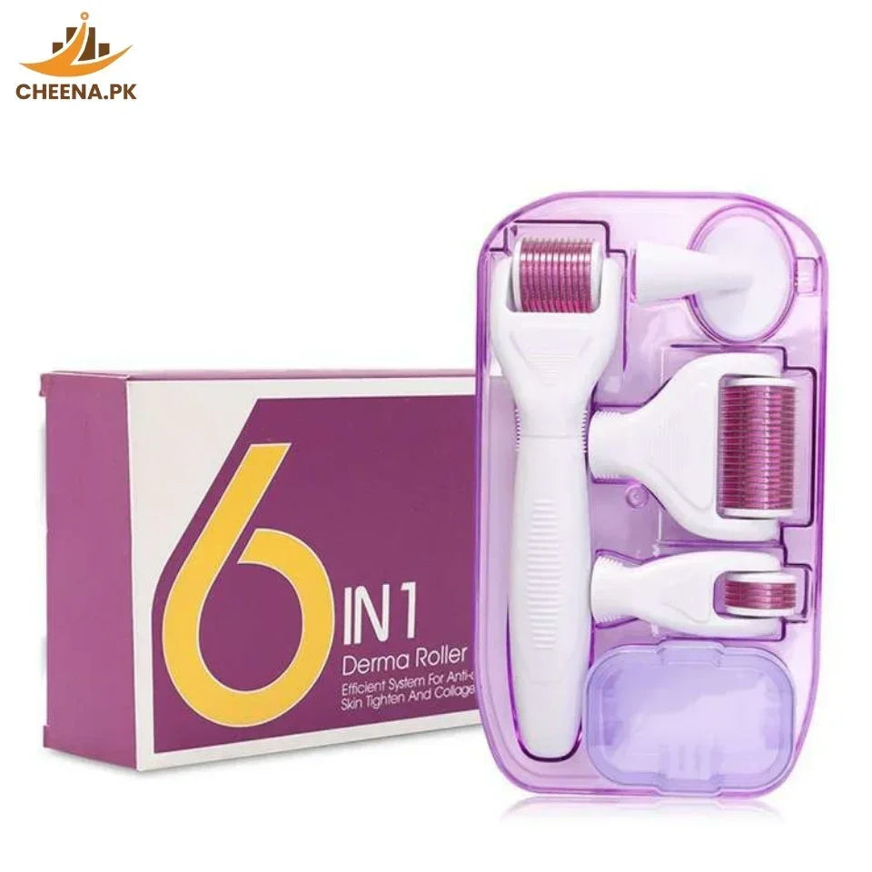 6 in 1 derma roller set with multiple heads for skin tightening and collagen boost