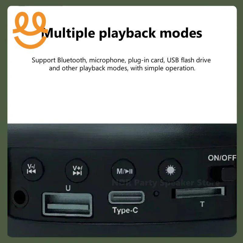 Close-up of speaker control panel showing USB port, Type-C charging, playback buttons, and mode switch