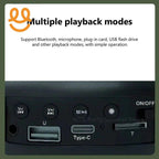 Close-up of speaker control panel showing USB port, Type-C charging, playback buttons, and mode switch