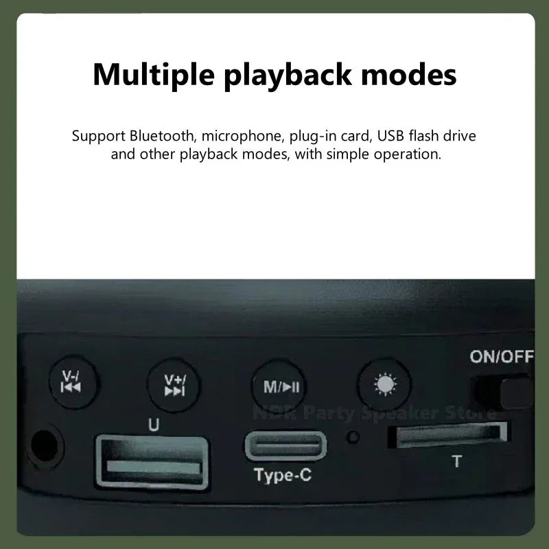 Close-up of speaker control panel showing USB port, Type-C charging, playback buttons, and mode switch