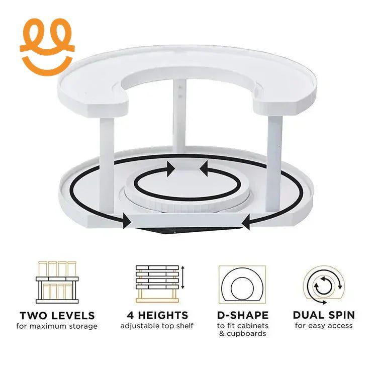 white two-level D-shaped corner shelf with dual spin and adjustable top shelf for kitchen storage