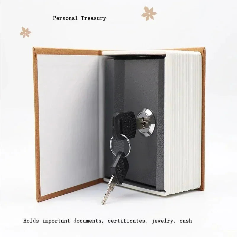 Book-shaped personal safe with open cover, black lockbox inside, and keys in lock for secure document storage