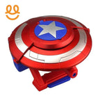 Red and silver Captain America shield toy with a blue star center and handle underneath