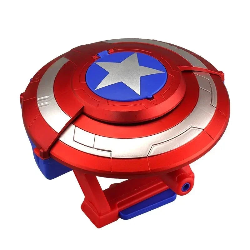 Red and silver Captain America shield toy with a blue star center and handle underneath