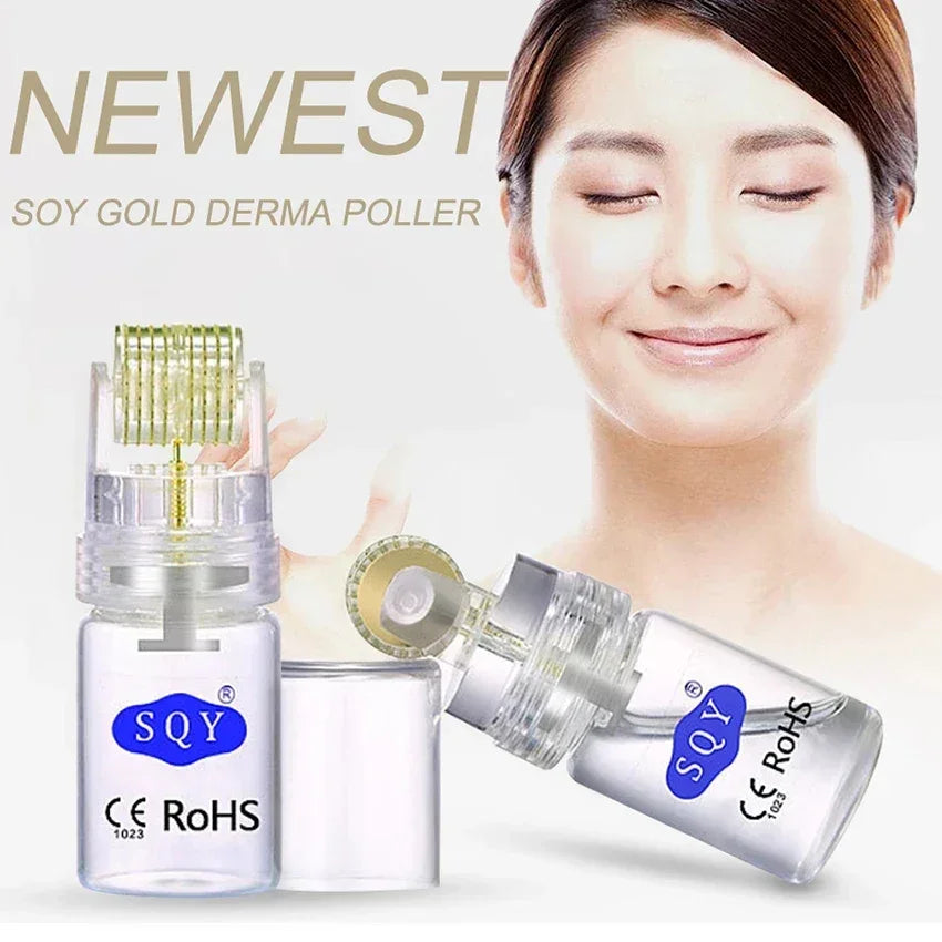 Newest Soy Gold Derma Roller with clear handles and gold microneedles, smiling woman in background
