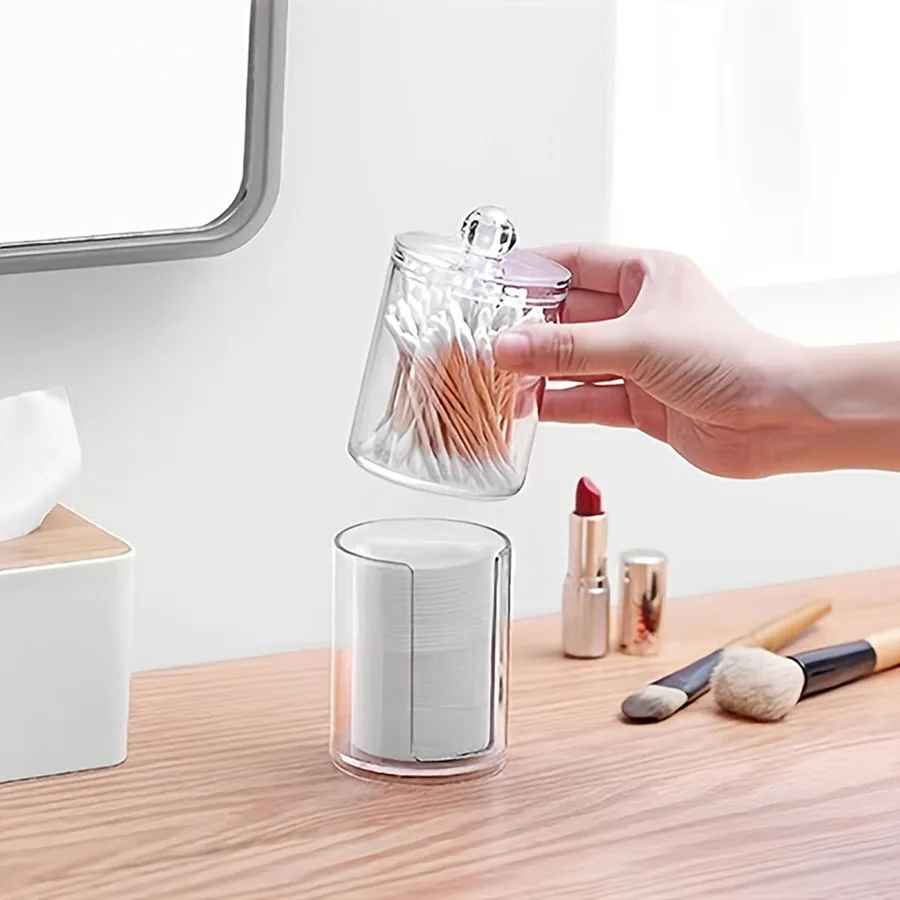 Transparent Stackable Acrylic Cotton Pad Holder, 2 In 1 Cotton Pad Storage, Upper and lower combined storage box