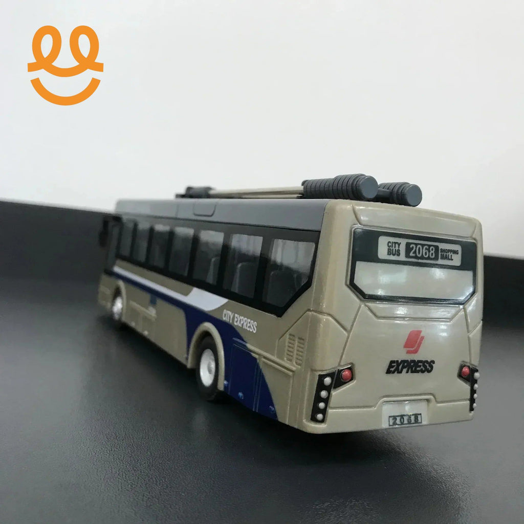 Beige and blue City Express toy bus model on black surface, rear view with route 2068 sign