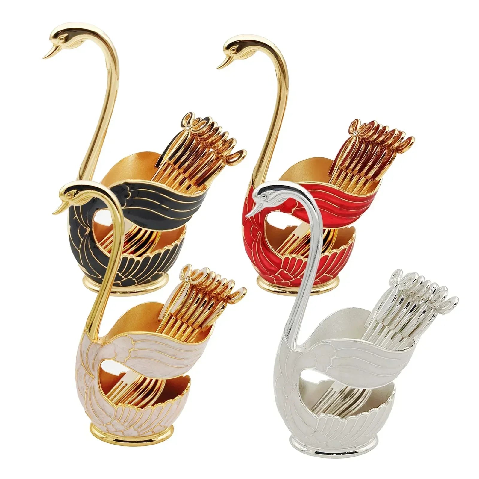 Four swan-shaped toothpick holders in black, red, white, and silver with gold and silver toothpicks