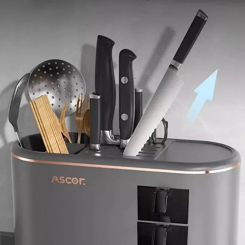 Modern black and gold Ascor kitchen knife and utensil holder with knives, forks, and spatula