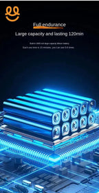 Stack of blue lithium batteries on a glowing circuit board highlighting 1800 mA capacity and 120-minute endurance