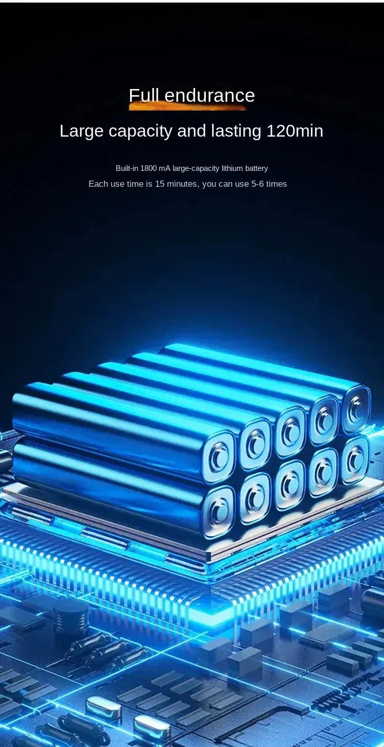 Stack of blue lithium batteries on a glowing circuit board highlighting 1800 mA capacity and 120-minute endurance