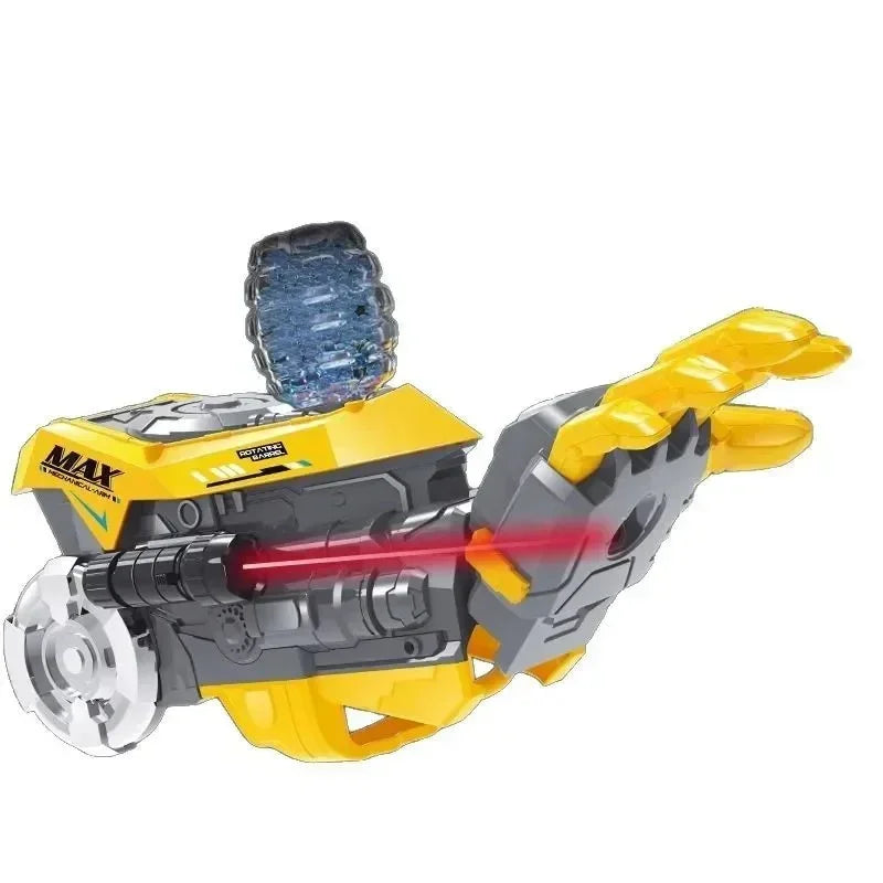 Yellow mechanical robotic arm with rotating barrel and red laser beam, futuristic toy weapon