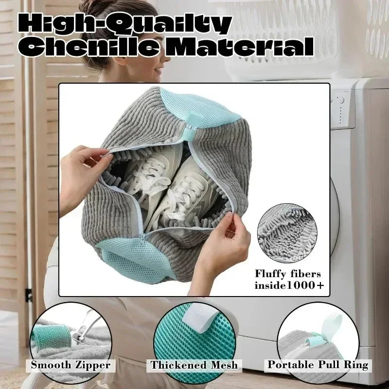 High-quality chenille shoe wash bag with smooth zipper, thickened mesh, and portable pull ring
