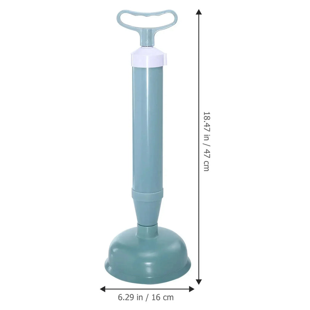 Blue and white 18.5-inch manual toilet plunger with pump handle and wide rubber suction base