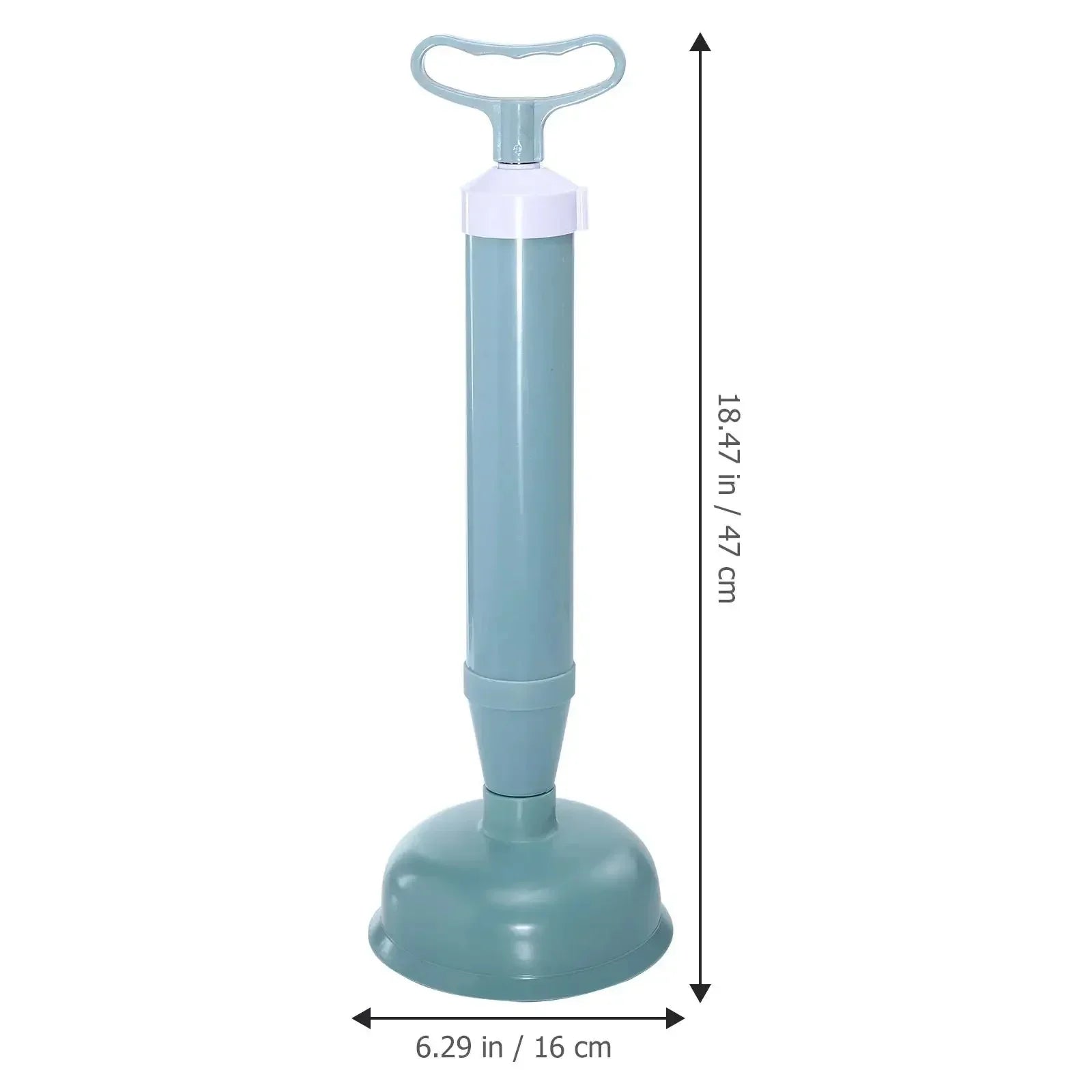 Blue and white 18.5-inch manual toilet plunger with pump handle and wide rubber suction base