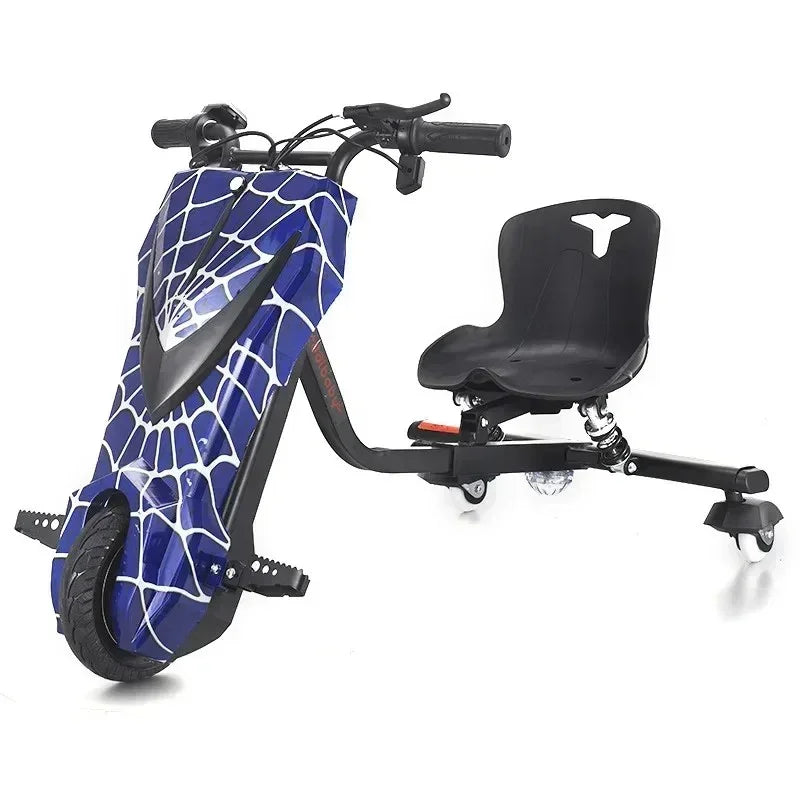 Blue and black electric drift trike with spider web design, comfortable black plastic seat, and front wheel