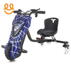 Blue and black electric drift trike with spider web design, comfortable black plastic seat, and front wheel