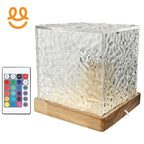 Textured glass cube lamp on wooden base with remote control for color and lighting modes