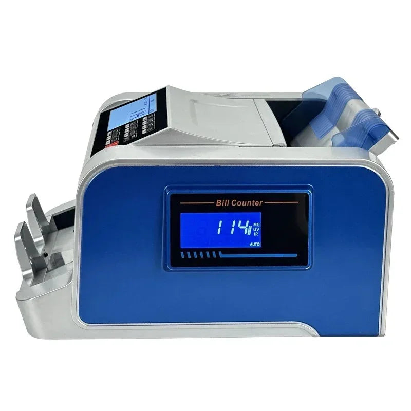 Blue and silver electronic bill counter with digital display showing 114 bills counted