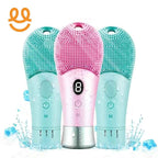 Three waterproof silicone facial cleansing brushes with water droplets and ice cubes, one pink and two teal