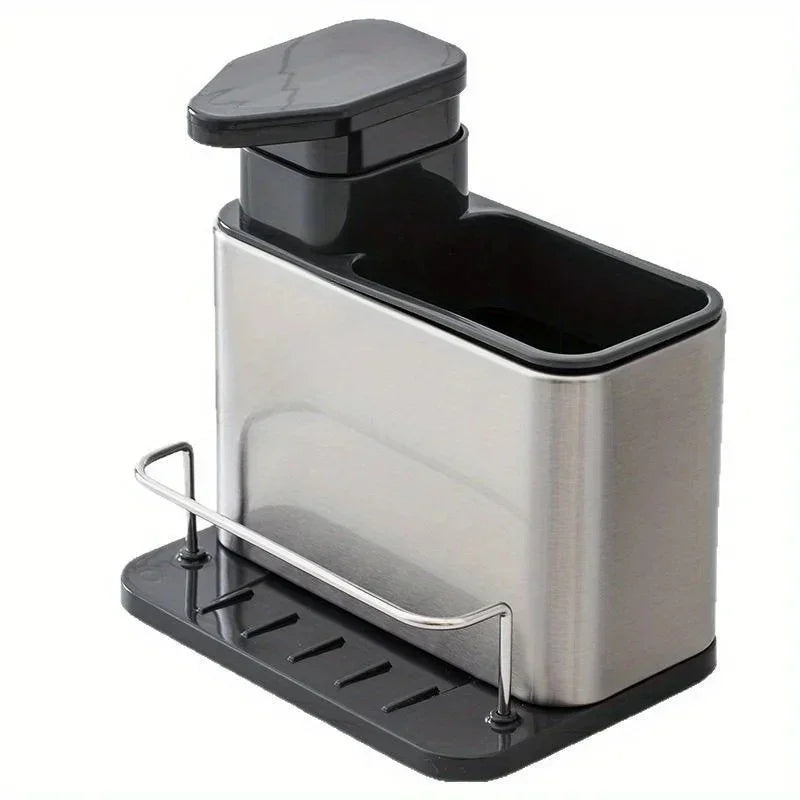 Stainless steel kitchen sink soap dispenser with black pump and built-in sponge holder