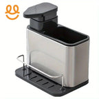 Stainless steel kitchen sink soap dispenser with black pump and built-in sponge holder