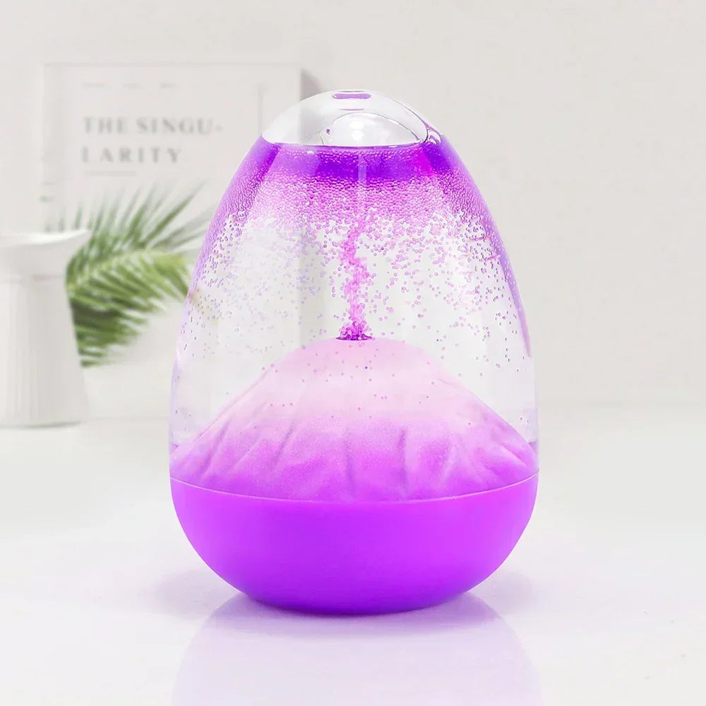 Purple tabletop volcano lava lamp with bubbles, indoor decorative light on white surface