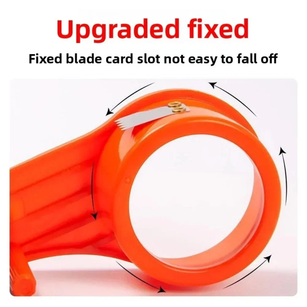 Close-up of orange plastic tool with fixed blade card slot, arrows indicate rotation